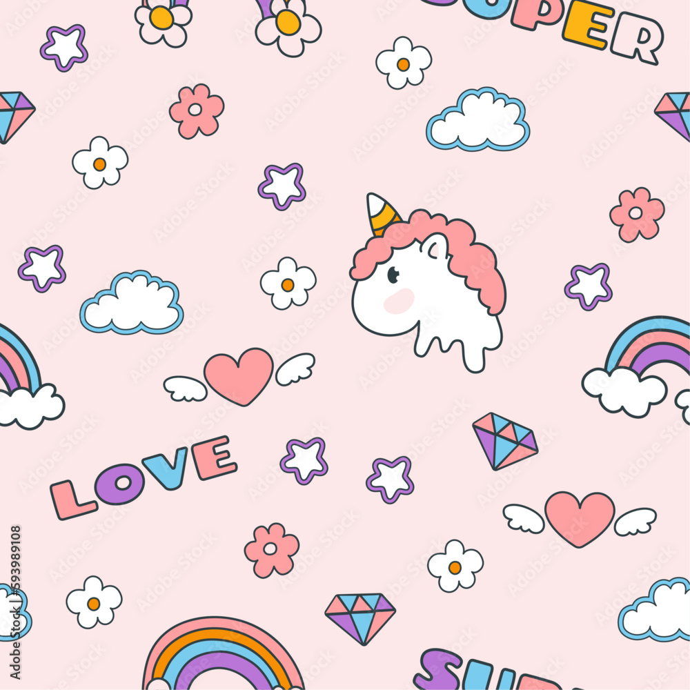 Seamless colorful pattern in y2k style on pink background. Groovy elements and words. Illustration for textile, paper, fabric, background, print design. Vector Seamless colorful pattern in y2k style on pink background. Groovy elements and words. Illustration for textile, paper, fabric, background, print design. Vector