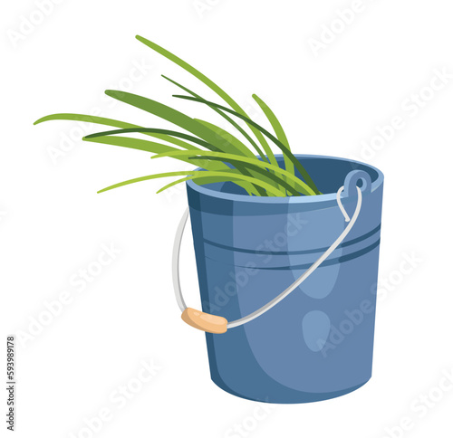 Concept Farm village field garden bucket grass. The illustration is a flat vector design of a farm or garden bucket filled with freshly cut green grass. Vector illustration.