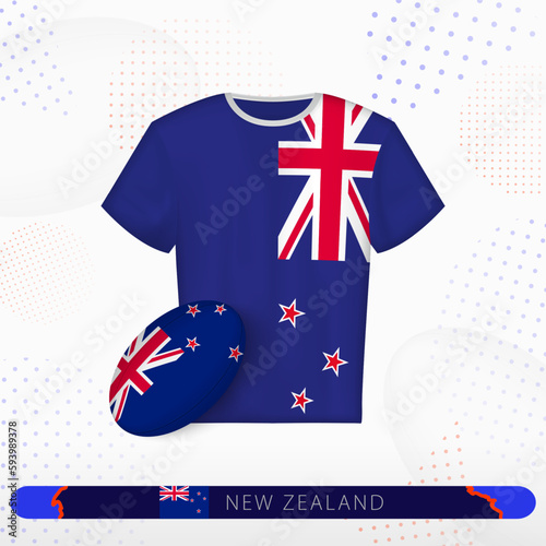 New Zealand rugby jersey with rugby ball of New Zealand on abstract sport background.