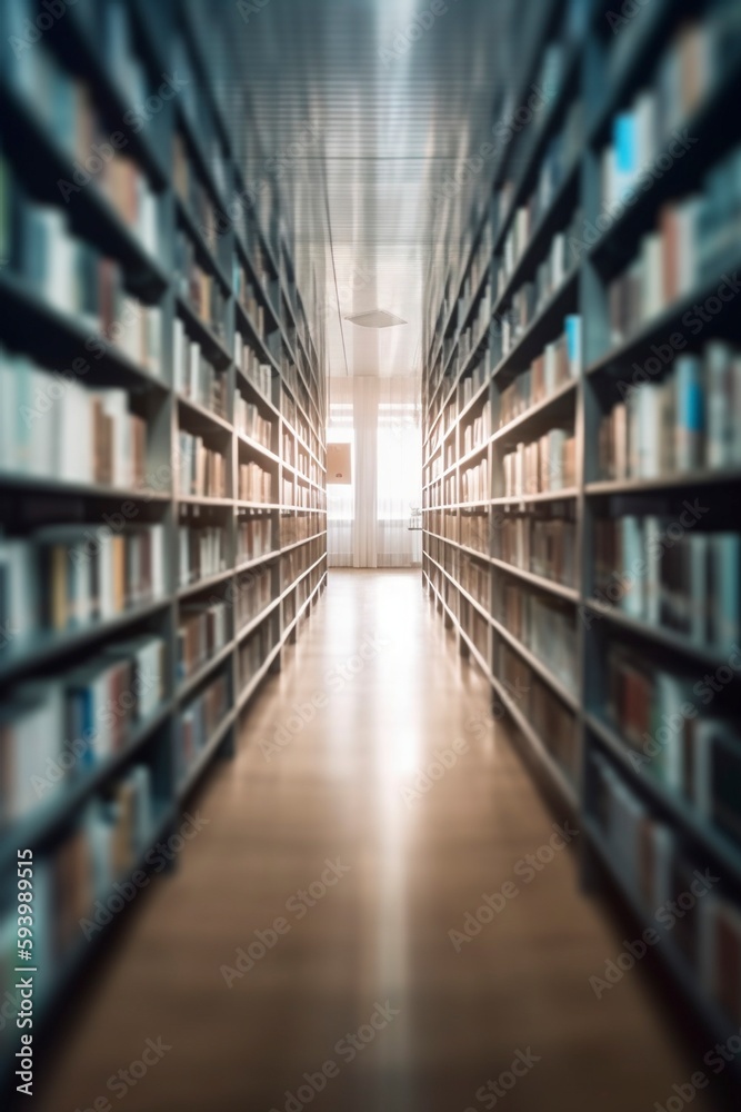 Blurred bookshelf in the library, created with generative AI