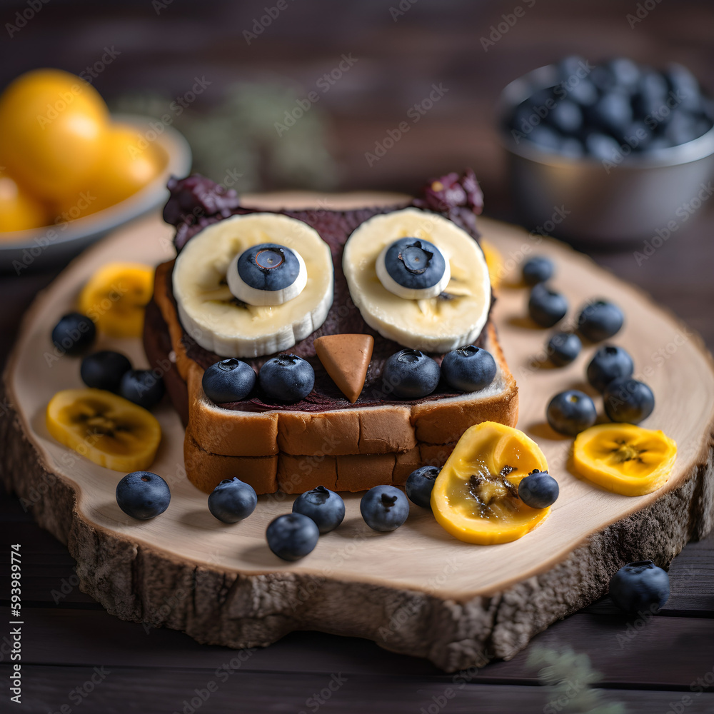 Сhildren's breakfast. a sandwich in the form of a cute owl muzzle made of banana, blueberry and chocolate pksta. generative ai Сhildren's breakfast. a sandwich in the form of a cute owl muzzle made of banana, blueberry and chocolate pksta. generative ai