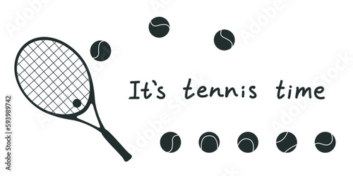Flat vector illustration in childish style. Hand drawn tennis racket and balls. It`s tennis time