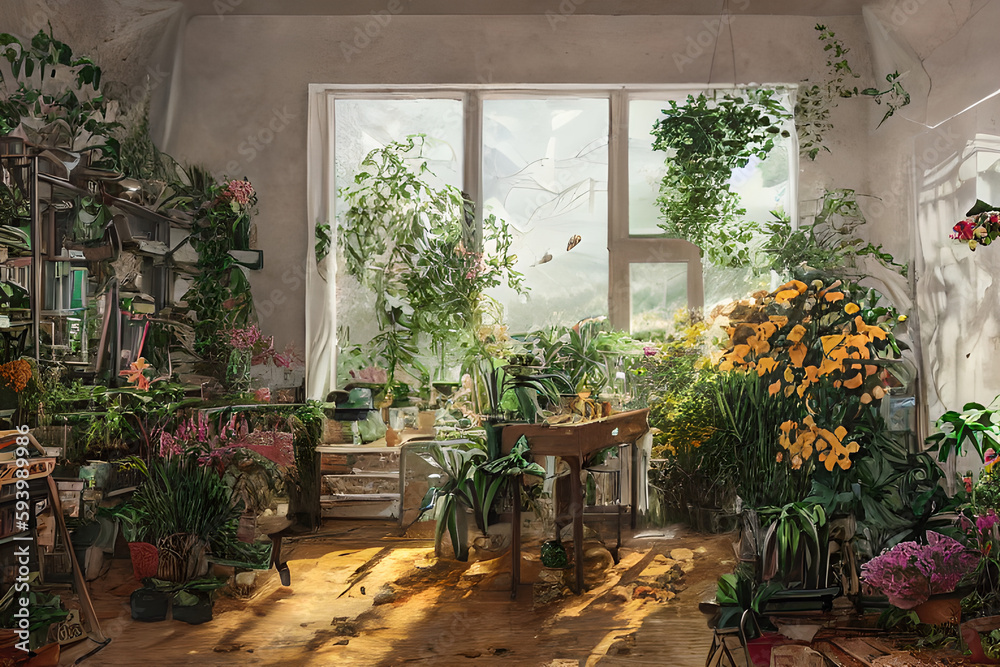 digital painting of a room full of plants with sun light