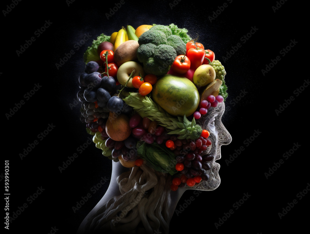 Human face head made of vegetables showing green healthy vegetarian vegan lifestyle, with dark background, Illustration, generative AI