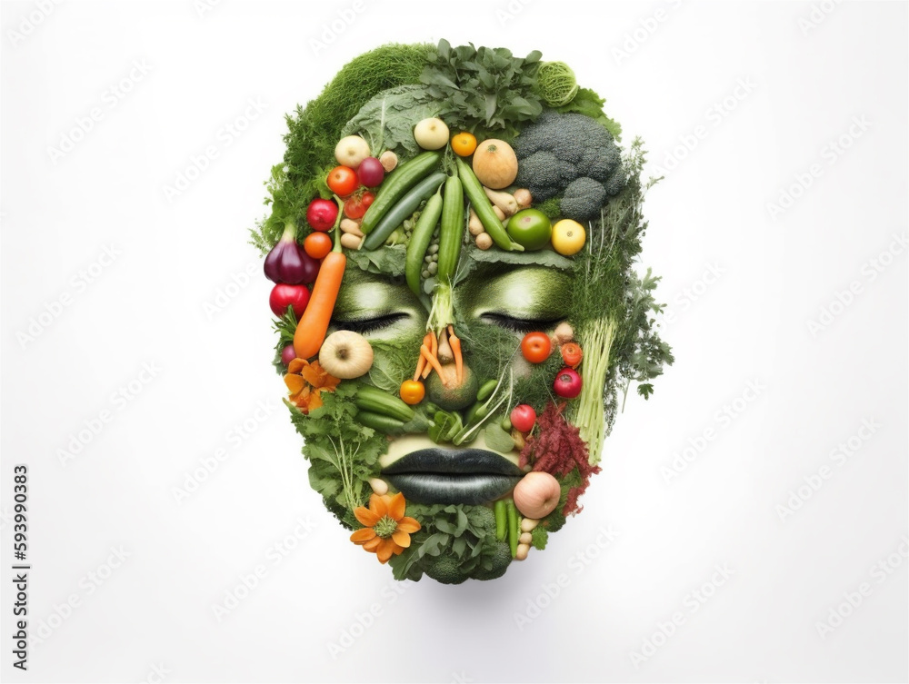 Human face head made of vegetables showing green healthy vegetarian vegan lifestyle, with bright background, Illustration, generative AI