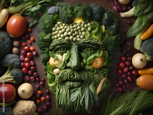 Human face head made of vegetables showing green healthy vegetarian vegan lifestyle  with dark background  Illustration  generative AI