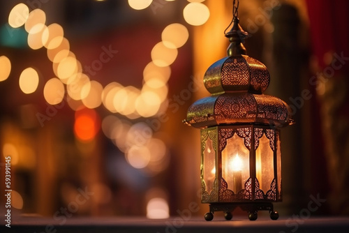 Happy Eid Fitr Mubarrak. Tradional ornate lantern over blur background. Generative AI photo