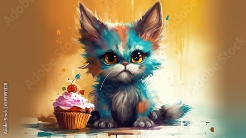 Little kitten with cupcake celebrate first birthday concept art Generative AI