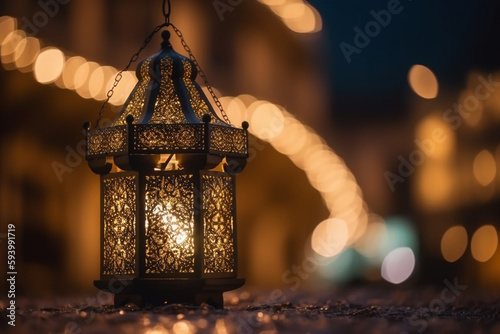 Happy Eid Fitr Mubarrak. Tradional ornate lantern over blur background. Generative AI photo