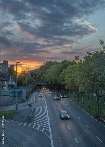 Sunset over a road in the city of Dortmund, Germany.