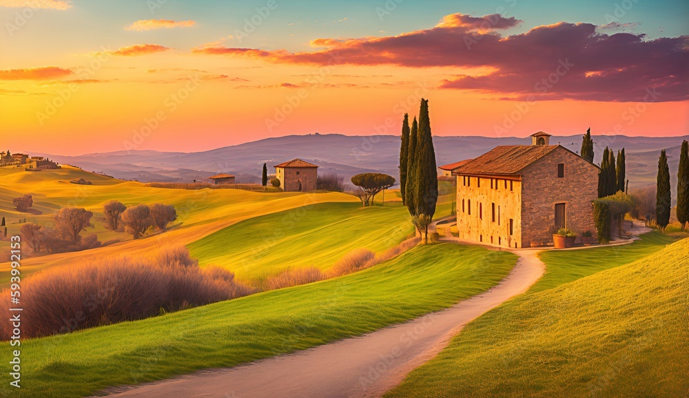 Illustration of a Tuscany, Italian landscape.