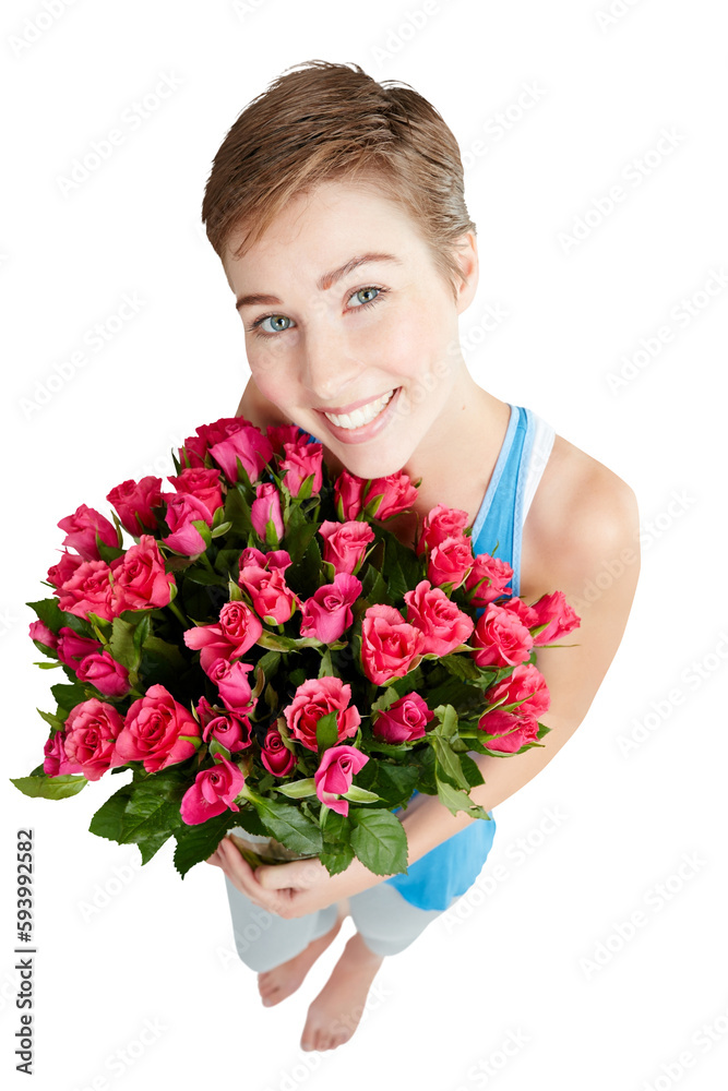 Woman with smile, rose bouquet in portrait isolated on a transparent, png background with Valentines day gift from above. Nature, floral arrangement and face with happy female and holiday celebration Woman with smile, rose bouquet in portrait isolated on a transparent, png background with Valentines day gift from above. Nature, floral arrangement and face with happy female and holiday celebration