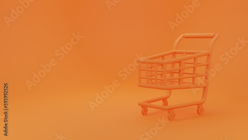 Orange shopping cart on orange background. Shopping carts used in supermarkets. 
3D rendering illustration model.
