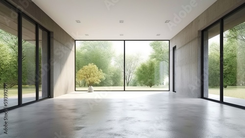 contemporary empty room with a view of nature 3D rendering of the room with the living room in the background shows concrete floors. The room also gets sunlight.The Generative AI