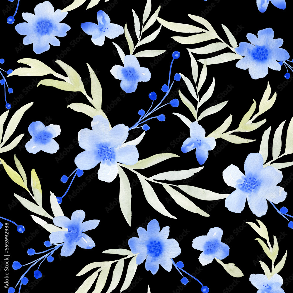 Blue watercolor flowers and leaves seamless pattern. Hand drawn abstract floral endless background for fabric and wallpaper. Blue watercolor flowers and leaves seamless pattern. Hand drawn abstract floral endless background for fabric and wallpaper.