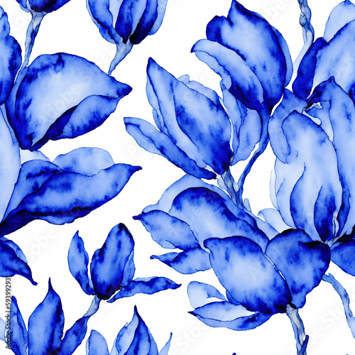 Blue Watercolor Seamless Flowers, Floral Porcelain, Blooms photo