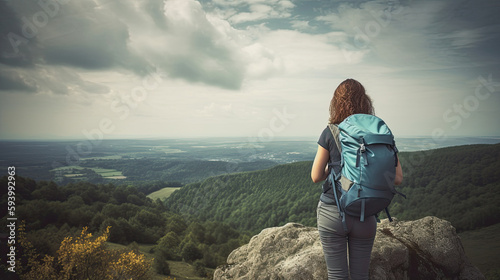 Backpacker on a rocky outcrop overlooking a forested valley. photo