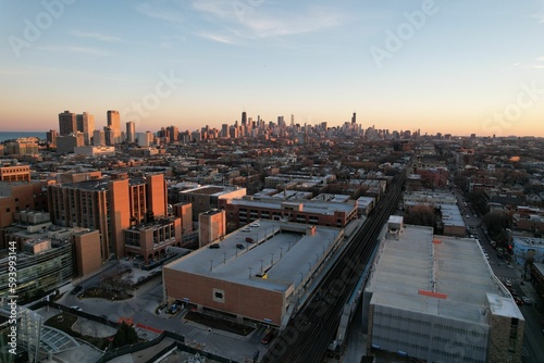 Aerial view of the Chicago skyline taken from the local CTA train station