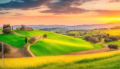 Illustration of a Tuscany, Italian landscape. photo