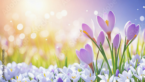 Spring crocus flowers in spring, beautiful Sun Banner, Illustration< AI Generated