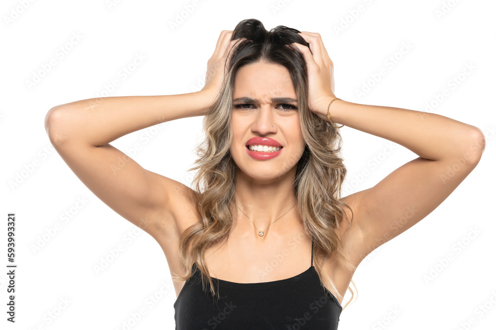 Young woman scratching head on white background. Annoying itch Young woman scratching head on white background. Annoying itch