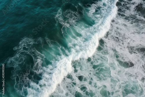 Spectacular aerial top view background photo of ocean sea water white wave splashing in the deep sea. Drone photo backdrop of sea wave in bird eye waves © Roman
