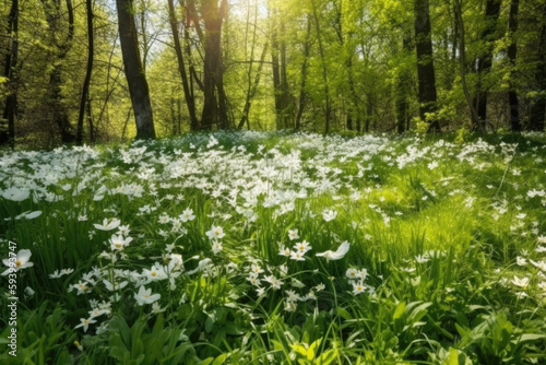 Forest glade with lots of white spring flowers and butterflies on a sunny day