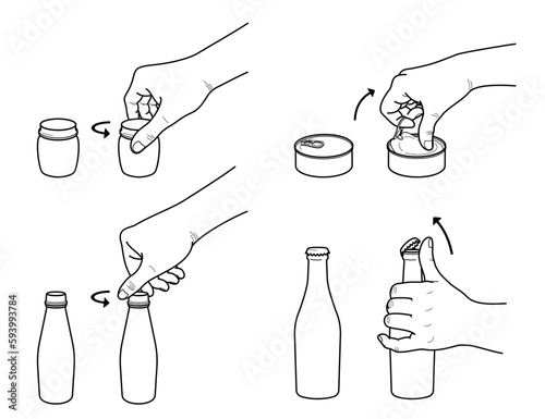 Hands open tin cans and glass jars, bottles. Set of various glass jars, bottles and tin cans with key, ring and plastic lid. Isolated black outline on white background. Vector illustration