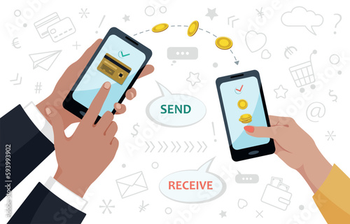 Money transfer. Send and receive money through the online transaction app. Phone with banking payment app. Financial savings. Earning, capital flow, online payment, cash back, passive income