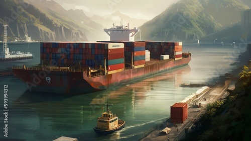 Container cargo ship docking on a dock. Generative AI
