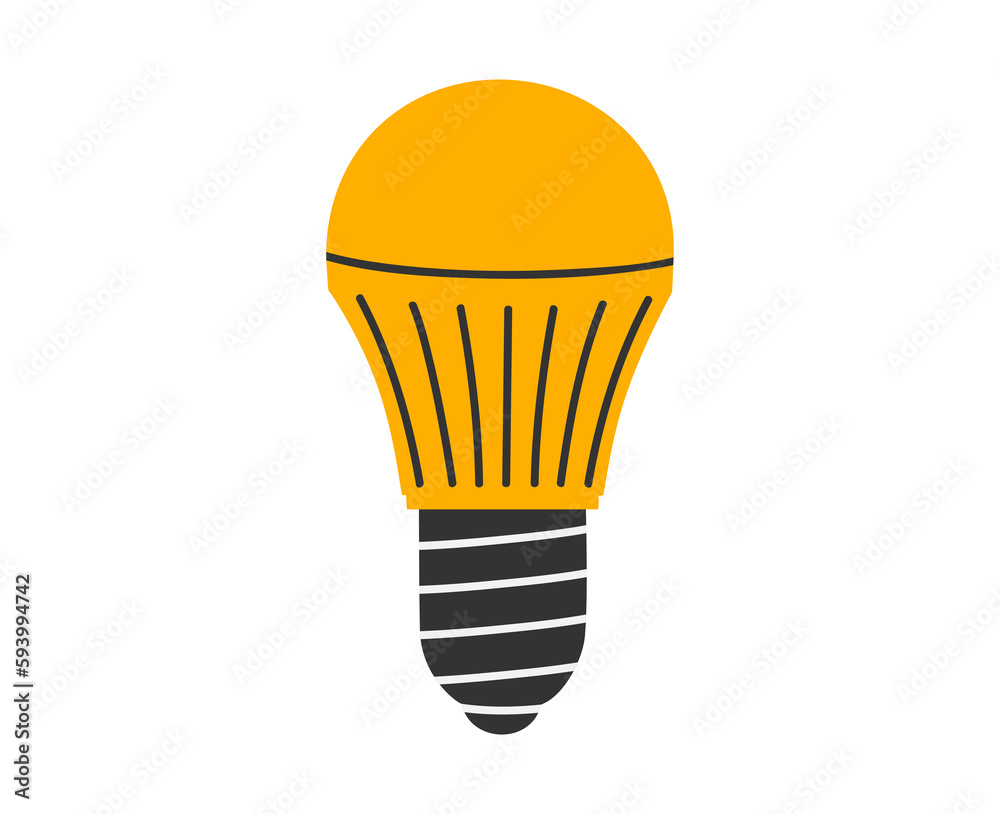 Hand drawn cute cartoon illustration of LED lamp, glowing light bulb. Light-emitting diode. Flat vector good idea concept in colored doodle style. Energy saving device sticker, icon or print. Isolated
