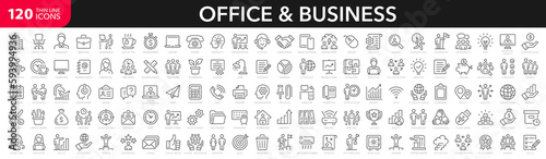 Office and Business line icons set. Business people outline icons collection. Teamwork, human resources, meeting, partnership, work group, success, workspace, computer, desk- stock vector.