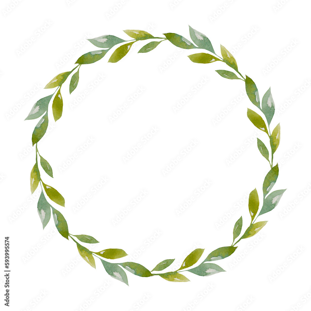 Watercolor round frame with leaves. The design of a frame for an invitation. Wreath with leaves isolated on a white background. Illustration for the design of wedding invitations, greeting cards. Watercolor round frame with leaves. The design of a frame for an invitation. Wreath with leaves isolated on a white background. Illustration for the design of wedding invitations, greeting cards.