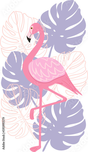 Flamingo on a background of tropical leaves. Vector image in a flat style. Summer illustration