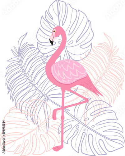 Flamingo on a background of tropical leaves. Vector image in a flat style. Summer illustration