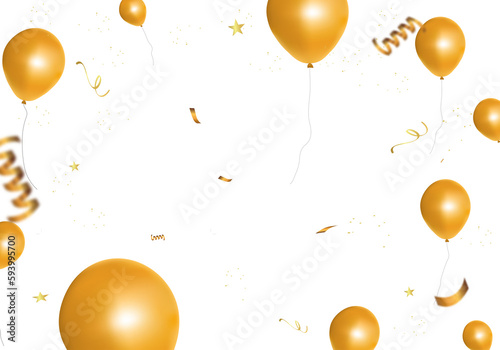 Gold balloons float out on transparent background. PNG illustration.