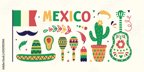 Mexican-themed design elements such as maracas, guitar, sombrero, cactus, and Mexican flag.