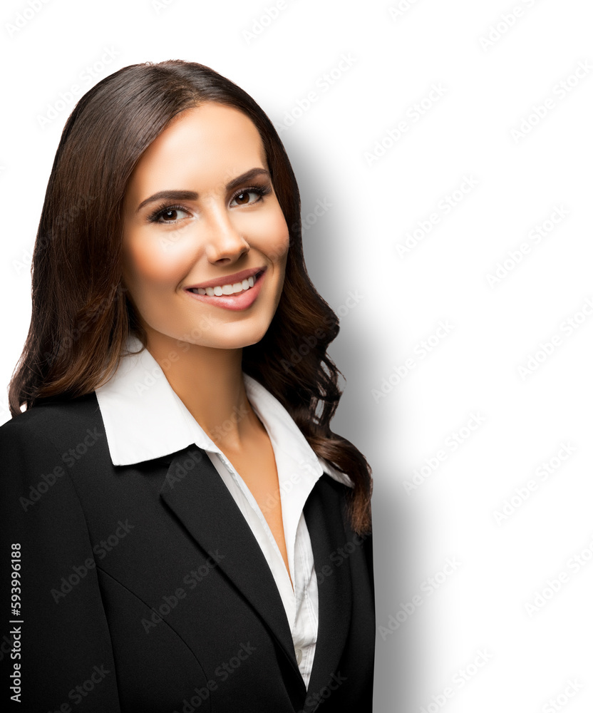 Portrait of happy smiling young businesswoman in black confident suit, isolated against white background. Business woman at studio. Portrait of happy smiling young businesswoman in black confident suit, isolated against white background. Business woman at studio.
