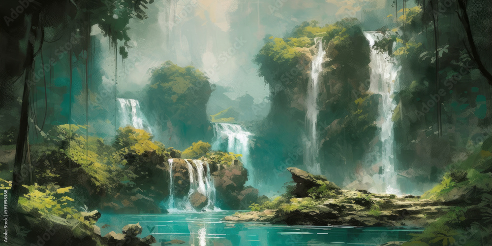 Cascading waterfalls in lush green unexplored jungle, expedition to find spectacular unspoiled natural beauty, crystal clear flowing rivers, tropical vegetation - generative AI 