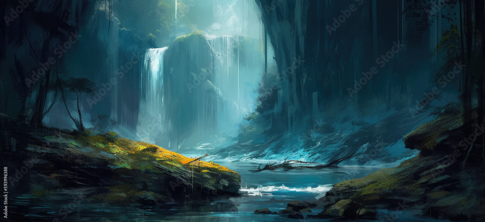 Cascading waterfalls in lush green unexplored jungle, expedition to find spectacular unspoiled natural beauty, crystal clear flowing rivers, tropical vegetation - generative AI 