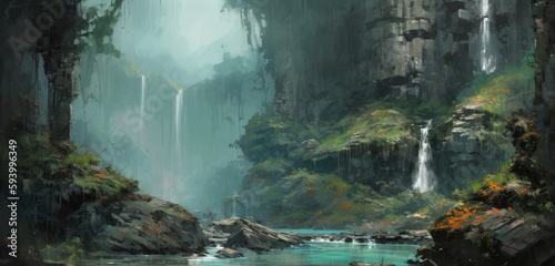 Cascading waterfalls in lush green unexplored jungle  expedition to find spectacular unspoiled natural beauty  crystal clear flowing rivers  tropical vegetation - generative AI 