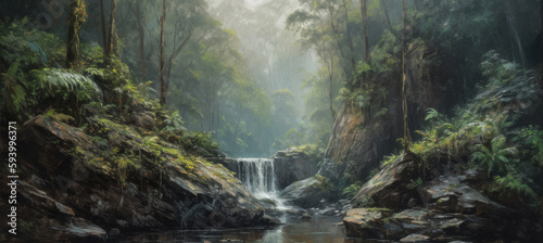 Cascading waterfalls in lush green unexplored jungle, expedition to find spectacular unspoiled natural beauty, crystal clear flowing rivers, tropical vegetation - generative AI 