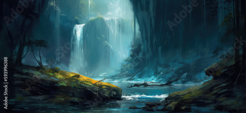 Cascading waterfalls in lush green unexplored jungle, expedition to find spectacular unspoiled natural beauty, crystal clear flowing rivers, tropical vegetation - generative AI © SoulMyst