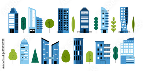Minimal residential buildings. Geometric cityscape with skyscraper trees simple flat city constructor. Vector flat set