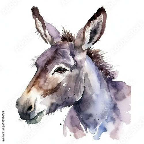 donkey isolated on white background , portrait , watercolor, farm animal, generative ai © Yulia