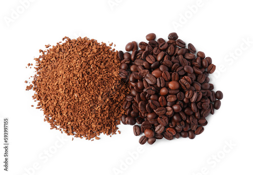 Heap of instant coffee and beans on white background, top view