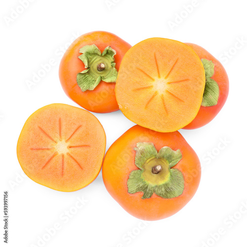 Whole and cut delicious ripe juicy persimmons on white background, top view