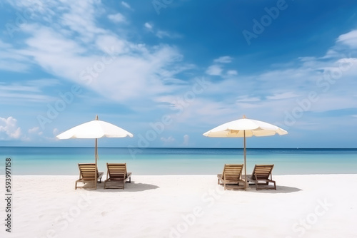 Beautiful beach banner. White sand, chairs and umbrella travel tourism wide panorama background concept. Amazing beach landscape © Roman