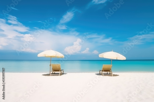 Beautiful beach banner. White sand  chairs and umbrella travel tourism wide panorama background concept. Amazing beach landscape