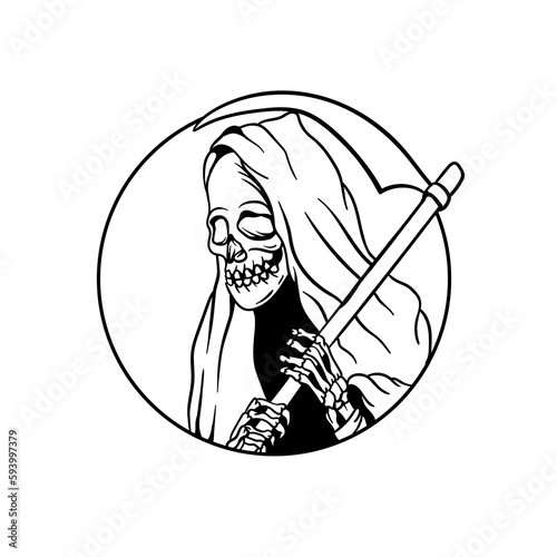 Hand drawn illustration of grim reaper with scythe outline